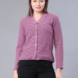 v-mart Women Self Design V Neck Purple Sweater image 2