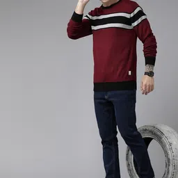 roadster Men Striped Round Neck Maroon Sweater-picture-32