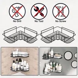 roarich Self-Adhesive Bathroom Corner Shelf | No-Drill Steel Rack with Hooks | Black Steel Wall Shelf image 3