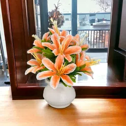litleo For Home office table shelf decor,gift,art,project Orange Lily, Ballmum Artificial Flower with Pot image 2
