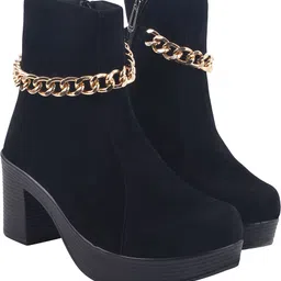 shoetopia Black Suede-Look Platform Ankle Boots with Gold Chain Detail For Women & Girls Boots For Women-picture-30