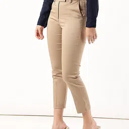 marks & spencer Women Slim Fit Brown Cotton Blend Trousers image 3