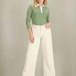 u.s. polo assn. Women Solid Polo Neck Cotton Blend Green T-Shirt image 3