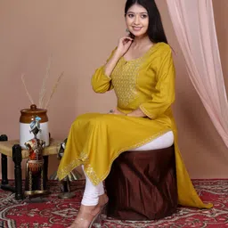 his&her Women Embroidered Viscose Rayon Straight Kurta image 1