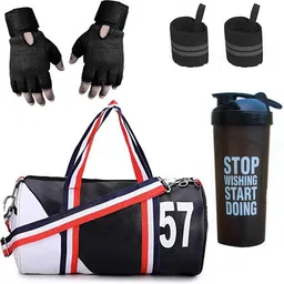 groupers PU Leather Gym Duffle bag ll Sipper Bottle ll Gloves ll Wrist Band - BLK WHT Fitness Accessory Kit Kit-picture-12