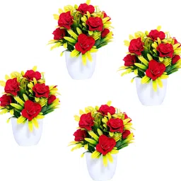 s-biv Set of 4 Pieces flowers with pot for home decoration Multicolor, Red, Pink Rose Artificial Flower with Pot image 1