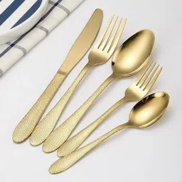 kitchantique Hammered Aurum Gold Silverware Set | 20-Piece Premium Elegant Flatware Set Stainless Steel Cutlery Set image 2