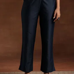 libas Women Straight Fit Blue Silk Blend Trousers-picture-26