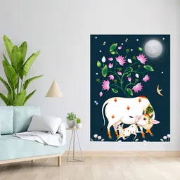 60 cm Cow and Calf Wall | Pichwai Themed Kamdhenu Cow Wall Art for Pooja Room Self Adhesive Sticker-image-12