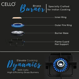 cello Black Pearl 2 Burner Toughened Glass Top Gas Stove, Brass Burners, Black Finish Glass Automatic Gas Stove image 4