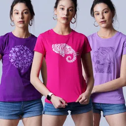 laya Pack of 3 Women Printed Round Neck Pure Cotton Multicolor T-Shirt-picture-17