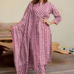 mirchi fashion Women Pure Cotton Kurta Pant Dupatta Set image 1