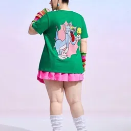 tom and jerry by dreambe Women Printed Round Neck Cotton Blend Dark Green T-Shirt image 3