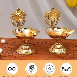 t-ka108 Shanku Chakra Kuber Deepam for Home Pooja Decor Brass (Pack of 2) Table Diya Set image 5