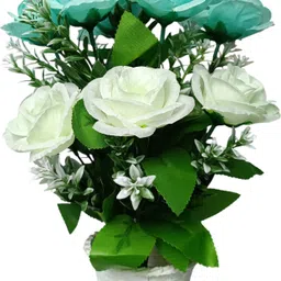 oms Twelve Rose Flower Bouque with White pot White, Green Rose Artificial Flower with Pot image 3