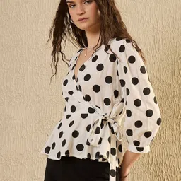 sanskrutihomes Casual Regular Sleeves Polka Print Women Beige, Black Top image 3