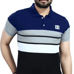 dyrectdeals Men Colorblock Polo Neck Polycotton Navy Blue T-Shirt-picture-27