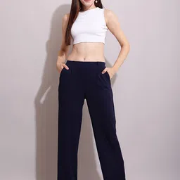 sqew Women Loose Fit Dark Blue Lycra Blend Trousers image 3