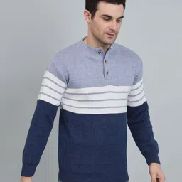 willey Men Striped Round Neck Blue, White Sweater-picture-14