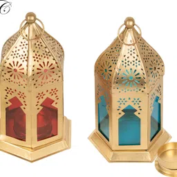 sunrise corp Decorative Hanging Lantern,T-Light Candle Holder Gold, Red, Blue Metal Hanging Lantern image 2