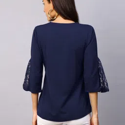 selvia Casual Regular Sleeves Self Design, Embellished, Laser Cut, Solid, Lace Women Dark Blue Top image 2