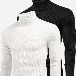 bab Men Woven High Neck Black, White Sweater-picture-2