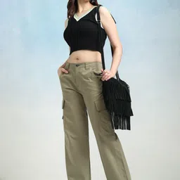tokyo talkies Women Loose Fit Green Pure Cotton Trousers image 3