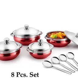 kassa Stainless Steel Serving handi with lid | 4 Serving Spoon+ 4 Serving Bowl, Spoon Serving Set-picture-3