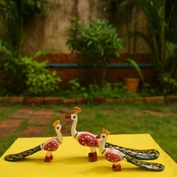 Handcrafted White Rajasthani Peacock Set 3Pcs White Decorative Showpiece - 11 cm-image-1