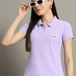 riss Women Solid Polo Neck Cotton Blend Purple T-Shirt-picture-15