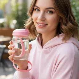 a cube Pink Cap Glass Bottle 300 ml Water Bottles image 2