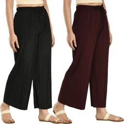 fabrictown Pack of 2 Women Relaxed Black, Purple Lycra Blend Trousers-picture-14