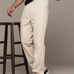 roadster Men Straight Fit Cream Cotton Blend Trousers-picture-23