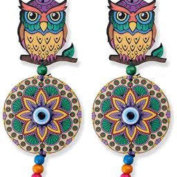 bzilo Pack Of 2 WindChime Owl Evil Eye Wood Wall Hangings Design & Color May vary A21 Polyresin Windchime image 1