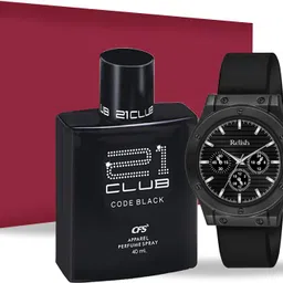 Black Analog Watch with Mens Perfume Combo Box for Gifting, Gift for Brother Silicone Gift Box-image-1
