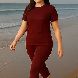 hirrux Women's Solid Swim Dress Set (T-shirt & Capri Bottoms) Solid Women Swim-dress Maroon Swimsuit-picture-10