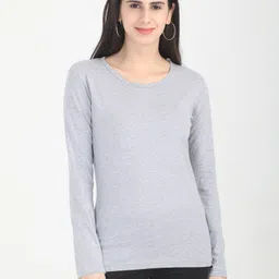 Women Solid Round Neck Pure Cotton Grey T-Shirt-image-4