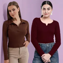dream beauty fashion Pack of 2 Casual Regular Sleeves Solid Women Maroon Top-picture-41
