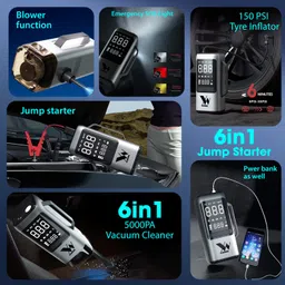 yearwin 6 in1 Car Battery Jump Starter, Tire Inflator, Vacuum Cleaner, Power Bank 1 ft Battery Jumper Starter image 4