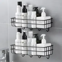 kvs furniture Wall Mount Bathroom Storage Rack Shelf Organizer with Hooks – (Pack of 2) Steel Wall Shelf image 1