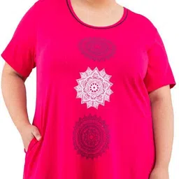 Regular Fit Cotton Round Neck Half Sleeve T-Shirt, Plus Size Nigh Women Floral Print Round Neck Cotton Blend Pink T-Shirt-image-29