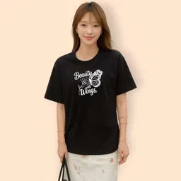 hivewear Women Printed Round Neck Cotton Blend Black T-Shirt-picture-29