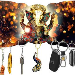 Wooden Ganesha Key Holder Stand/Wall Hooks Stand/Key Holder for Home Office/Wall Mounted Key Holder/Key Hold/Key Chain Hanging Board/Wall Hanging Key Holder Ganesh JI Design - Wooden Colour Wood Key Holder-image-51