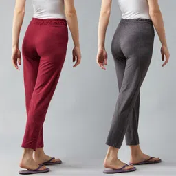 blinkin Pack of 2 Women Solid Maroon, Grey Track Pants image 2
