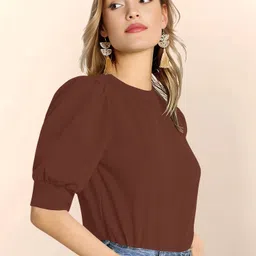 dream beauty fashion Casual Puff Sleeves Solid Women Brown Top image 3