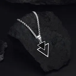 saizen Black Triangle Arrow Silver Pendant Locket With Chain For Boys And Men Rhodium Stainless Steel, Silver Pendant image 5
