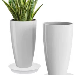 muddstyles Plastic Tower Pot With Tray 14 inch White Flower Pots for Home Office Garden Plant Container Set image 2