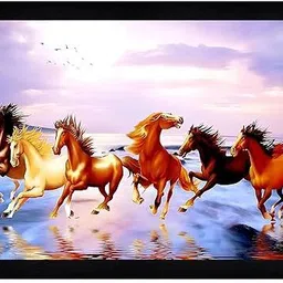 Seven Running White Horses Photo Frame Vastu Wall Decor Painting for Home&Office Digital Reprint 12 inch x 8 inch Painting-image-29
