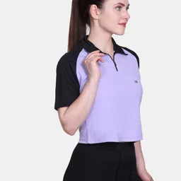 white moon Women Solid Zip Neck Polyester Purple T-Shirt image 2