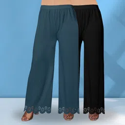 ecoundies Pack of 2 Women Straight Fit Black, Blue Lycra Blend Trousers-picture-10